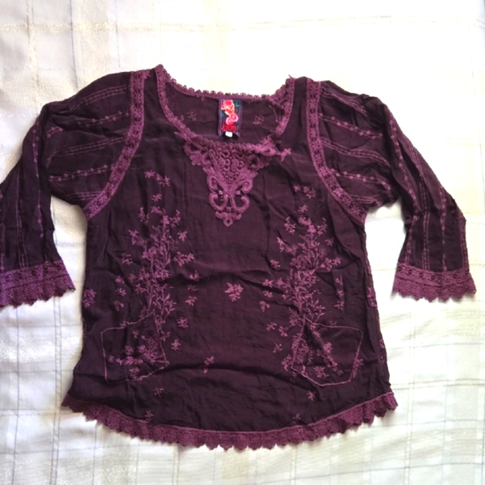 Johnny Was Purple Embroidered 3/4 Sleeve Blouse - Picture 2 of 13